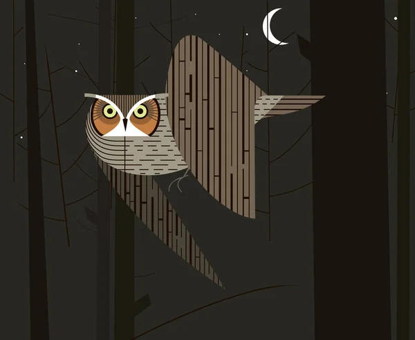 Uggla jagar i skogen natt — Stock vektor