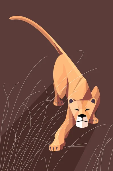 Sneaking Lioness Grass Dark Background Stylized Image — Stock Vector