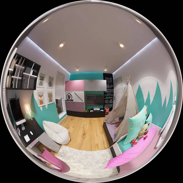 球形 360 度シームレスなパノラマの寝室 — ストック写真