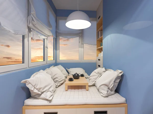3D render balkonda dinlenmek için iç tasarım alanı — Stok fotoğraf