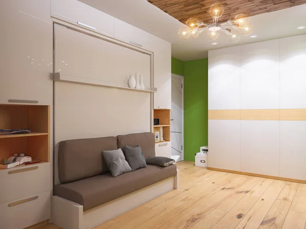 3D illustratie van interieur design woonkamer met bed kledingkast — Stockfoto