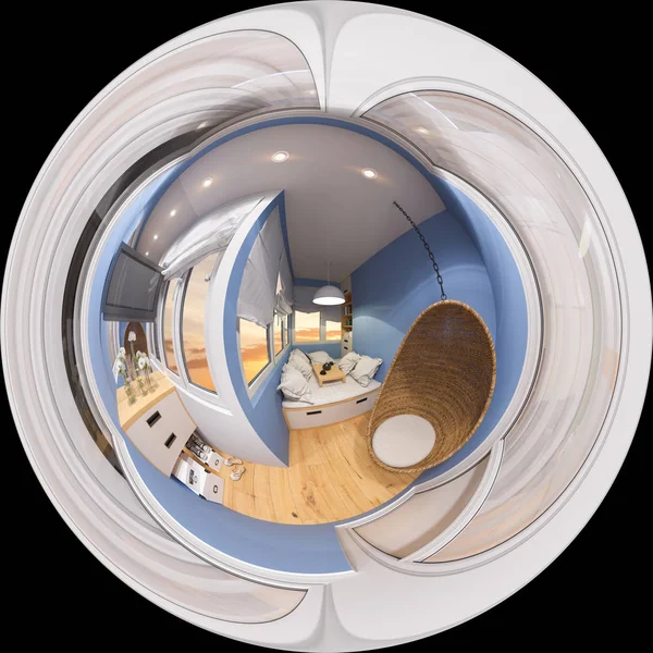 3D obrázek sférické 360 stupňů, bezešvé panorama prostoru pro relaxaci na balkóně. Interiér je vyroben v moderním minimalistickém stylu — Stock fotografie