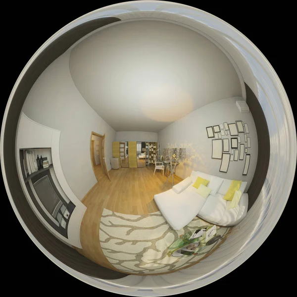 3D obrázek panorama 360 stupňů obývacího pokoje nterior designu — Stock fotografie