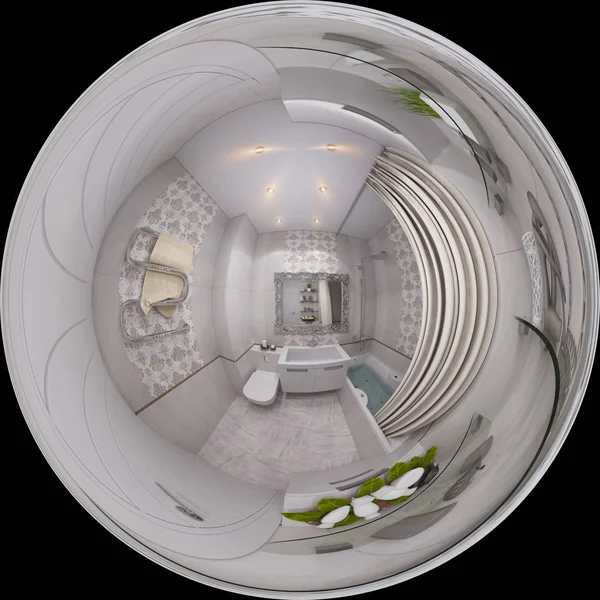 3d ilustração esférica 360 graus, sem costura panorama do banheiro design de interiores em estilo clássico — Fotografia de Stock