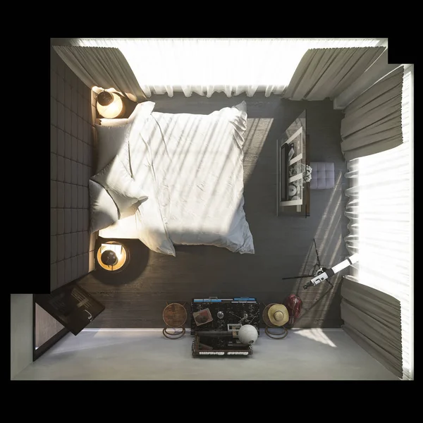 Yatak odası iç tasarım 3D çizimi — Stok fotoğraf