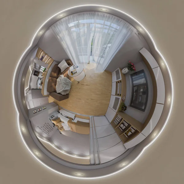 3D แสดงพาโนรามาที่ไร้รอยต่อของห้องนั่งเล่น — ภาพถ่ายสต็อก