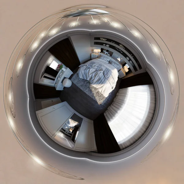 3D иллюстрация, 360 панорама интерьера спальни — стоковое фото