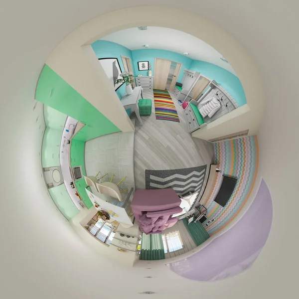 3D render 360 panorama van woonkamer en keuken — Stockfoto