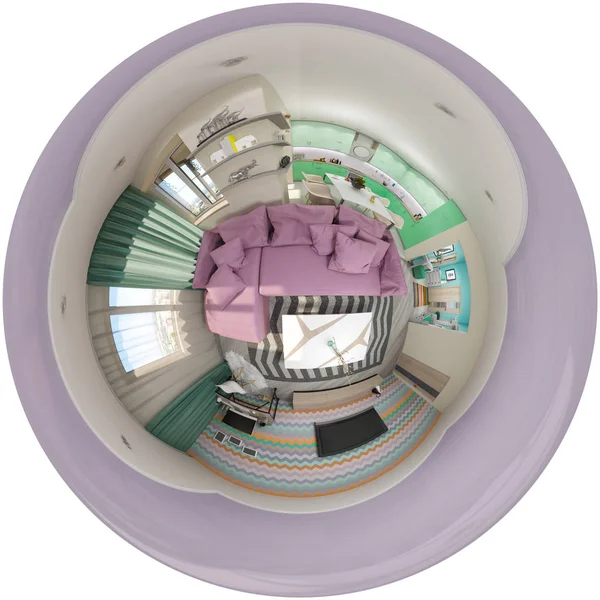 거실 인테리어의 3d 렌더링 360 파노라마 — 스톡 사진