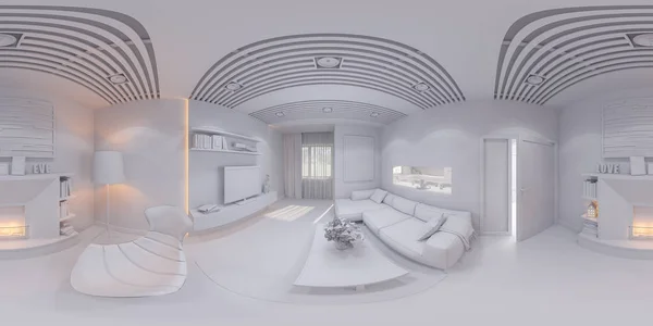 360 พาโนรามาการออกแบบตกแต่งภายในห้องนั่งเล่น — ภาพถ่ายสต็อก