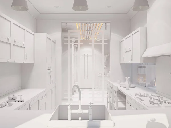 3D καθιστούν τον εσωτερικό σχεδιασμό της κουζίνας — Φωτογραφία Αρχείου