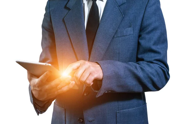 Бизнесмен в пиджаке с планшетом — стоковое фото
