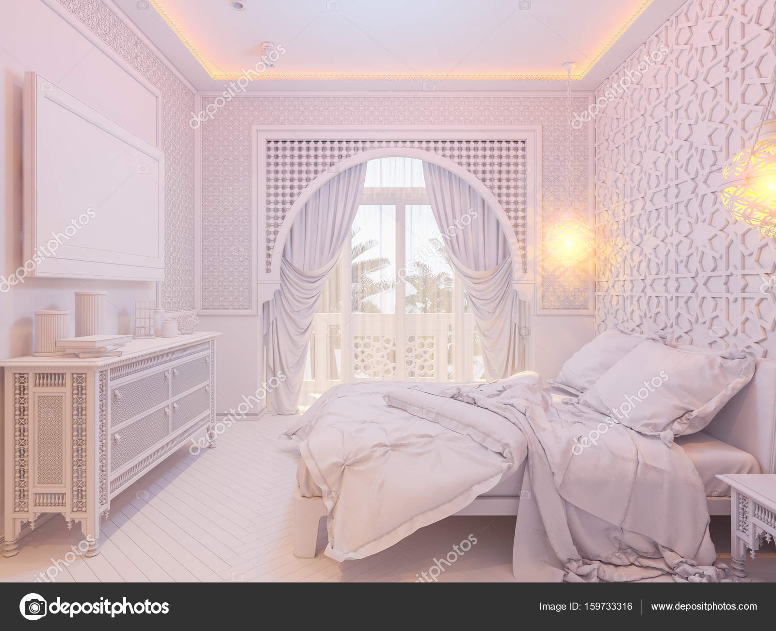 3d Render Bedroom Islamic Style Interior Design Stock