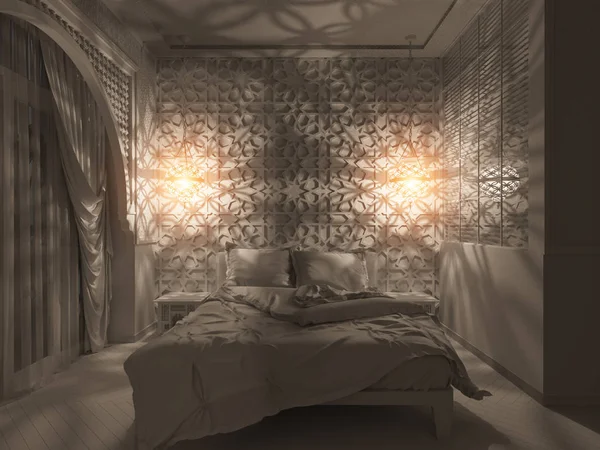 3d renderizar dormitorio diseño interior de estilo islámico —  Fotos de Stock