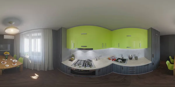 360 панорама дизайна кухни — стоковое фото