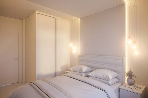 3d renderizado de un diseño interior de un dormitorio minimalista blanco . —  Fotos de Stock