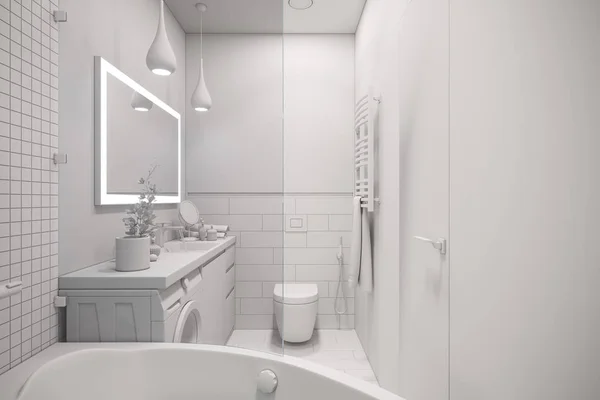 Ilustração 3d de um design de interiores de um banho minimalista branco — Fotografia de Stock
