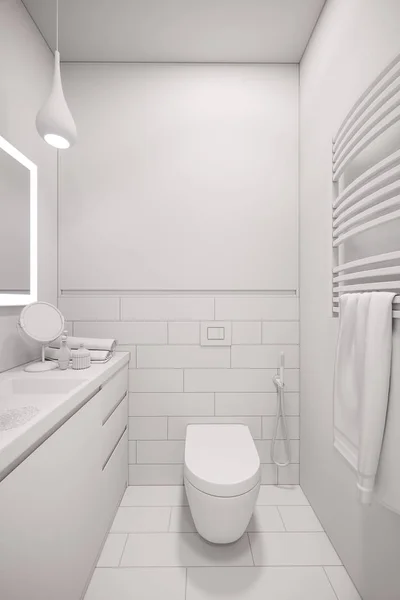흰색 미니 멀 목욕의 인테리어 디자인의 3d 그림 — 스톡 사진