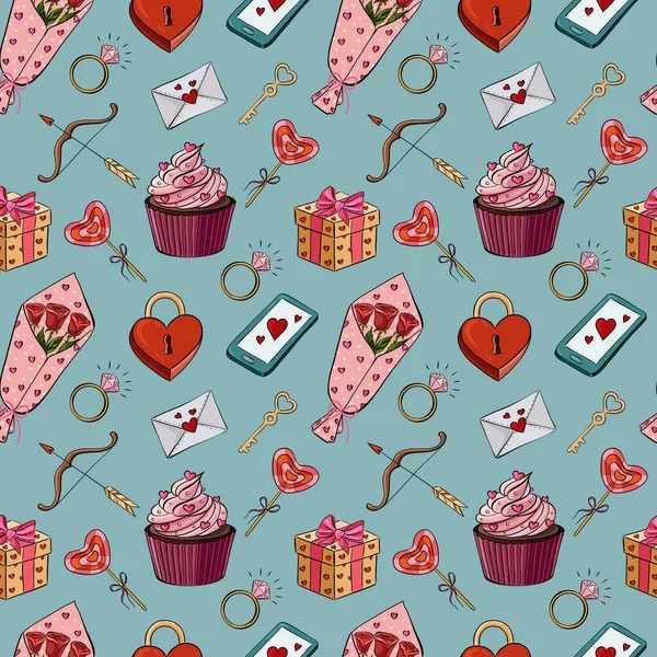 Vector illustration of a seamless pattern of sticker elements for Valentines day. — Stock Vector