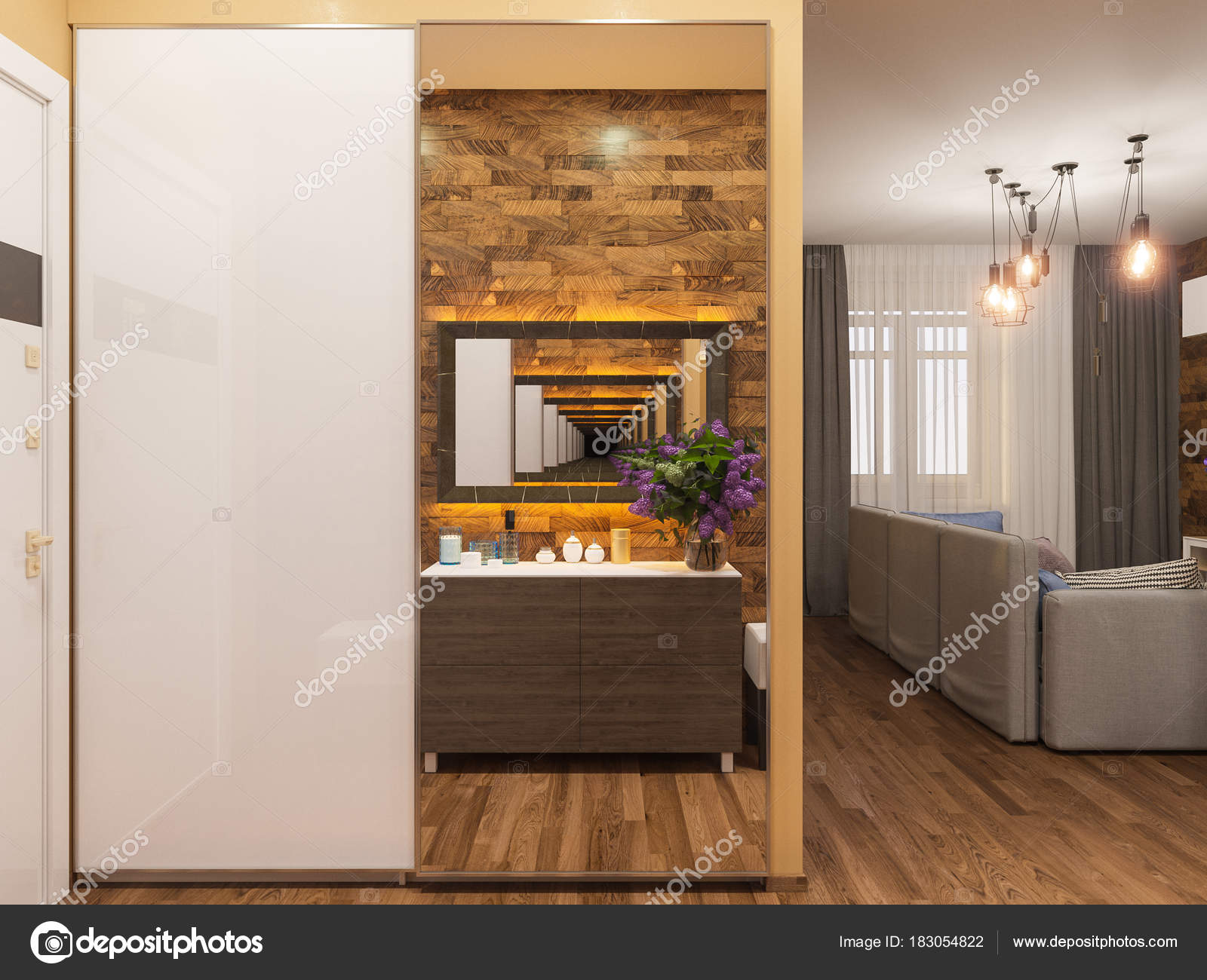 Architecturale render van de interieur gang in warme kleuren. 3D ... Architecturale render van de interieur gang in warme kleuren. 3D ...