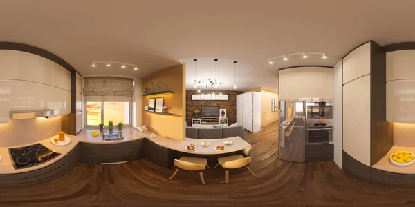 3d 插画球面360度, 客厅无缝全景和厨房内饰设计 — 图库照片
