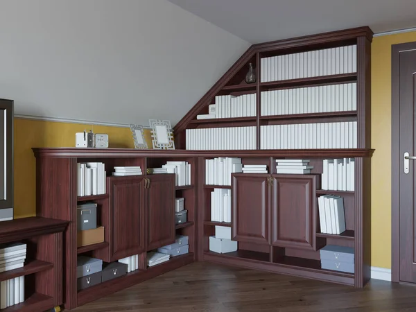 3d illustration of a home library on the attic floor of a private house — Stock Photo, Image