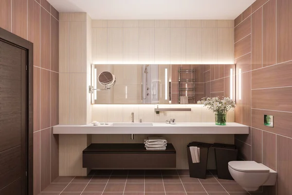 3D καθιστούν την εσωτερική διακόσμηση ενός σύγχρονου μπάνιου με ένα μεγάλο καθρέφτη — Φωτογραφία Αρχείου