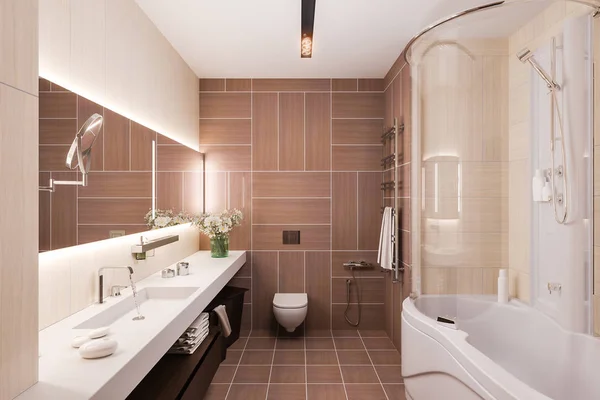 3D дизайн интерьера современной ванной комнаты с большим зеркалом — стоковое фото