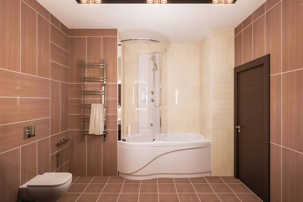 3D καθιστούν την εσωτερική διακόσμηση ενός σύγχρονου μπάνιου με ένα μεγάλο καθρέφτη — Φωτογραφία Αρχείου