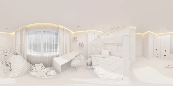 Virtuelle Realität, 360 Grad nahtloses Panorama. Mädchenspielzimmer und Schlafzimmer im skandinavischen Stil — Stockfoto