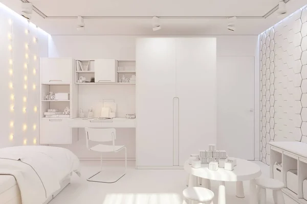 3d renderizado del interior del dormitorio del niño en color blanco —  Fotos de Stock