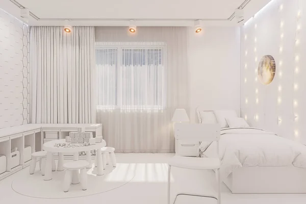 3D рендеринг интерьера детской спальни в белый цвет — стоковое фото