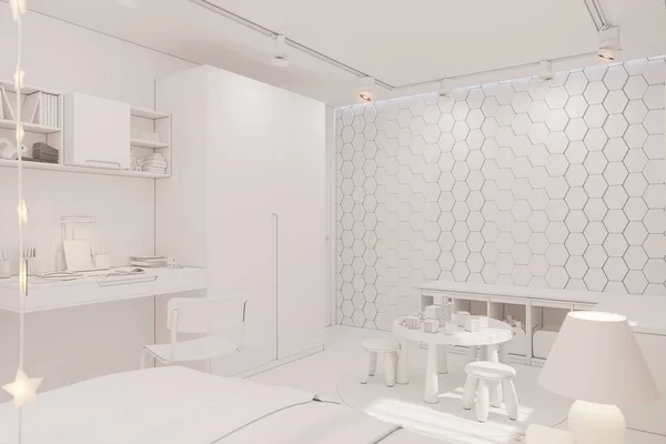 3d renderizado del interior del dormitorio del niño en color blanco — Foto de Stock