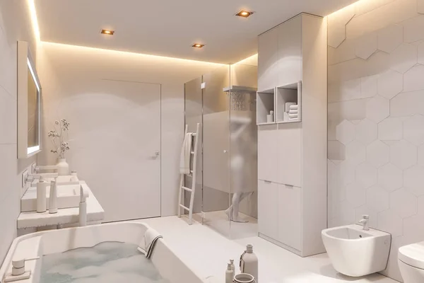 3d иллюстрация ванной комнаты в частном доме. Дизайн интерьера в белом без текстур — стоковое фото
