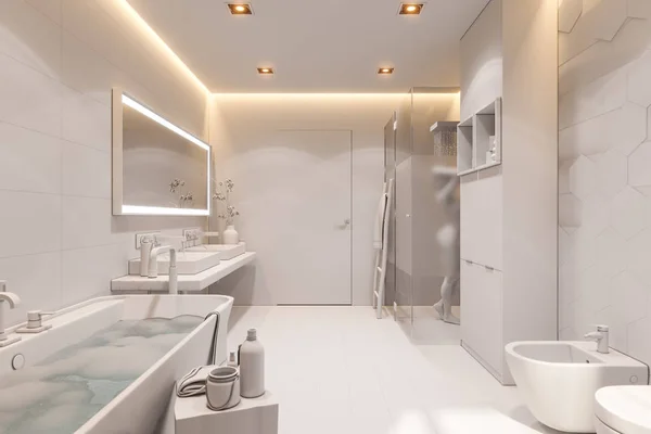 Ilustração 3d de um banheiro em uma casa particular. Design de interiores em branco sem texturas — Fotografia de Stock
