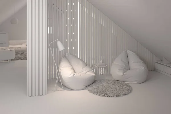 3d renderizar el diseño interior del piso ático de una casa de campo privada —  Fotos de Stock