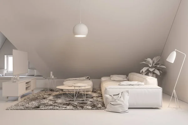 3d renderizar el diseño interior del piso ático de una casa de campo privada —  Fotos de Stock