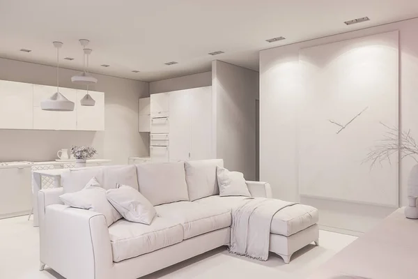 3d render Diseño de interiores en estilo escandinavo, sala de estar y cocina —  Fotos de Stock