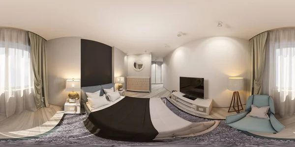 3D візуалізація безшовної 360-градусної панорами сучасної спальні — стокове фото