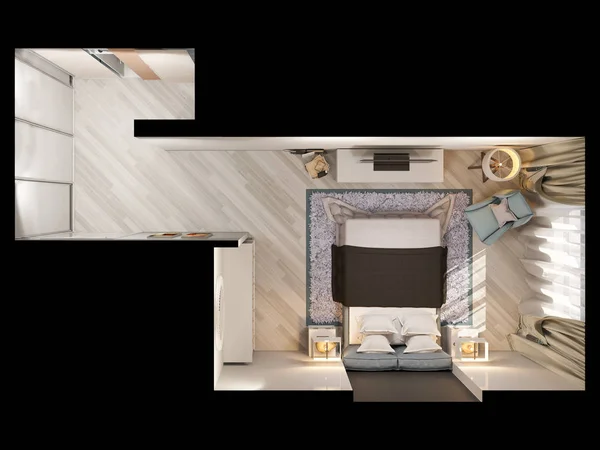3D vykreslení interiérového designu moderní ložnice v horním pohledu — Stock fotografie