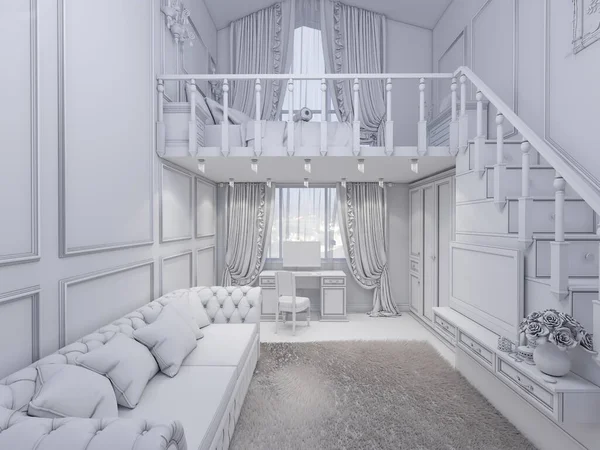 3D рендеринг интерьера спальни для девочек в частном доме — стоковое фото