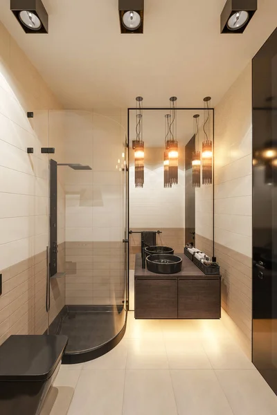 3d render interior design of the bathroom with a corner shower — 图库照片