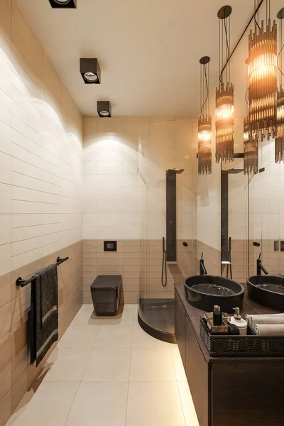 3d renderizar el diseño interior del cuarto de baño con una ducha de esquina —  Fotos de Stock