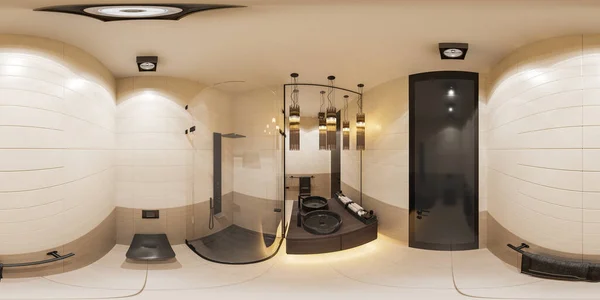 3d ilustración diseño interior esférico 360 panorama sin costuras del cuarto de baño con una ducha de esquina — Foto de Stock