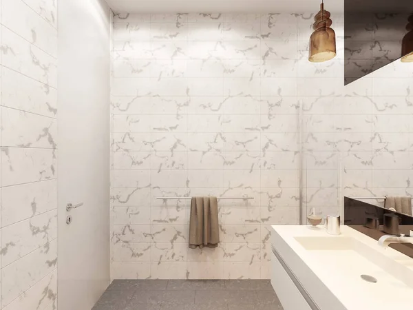 浴室内部的3D渲染与淋浴 现代风格的浴室室内设计说明 — 图库照片