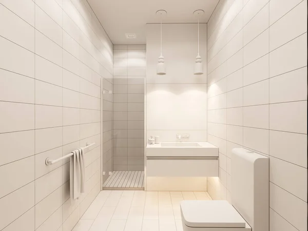 3D render of the interior of the bathroom with shower. Illustration of a bathroom interior design in a modern style.