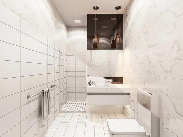 シャワー付きバスルームの内部の3Dレンダリング モダンなスタイルのバスルームのインテリアデザインのイラスト — ストック写真