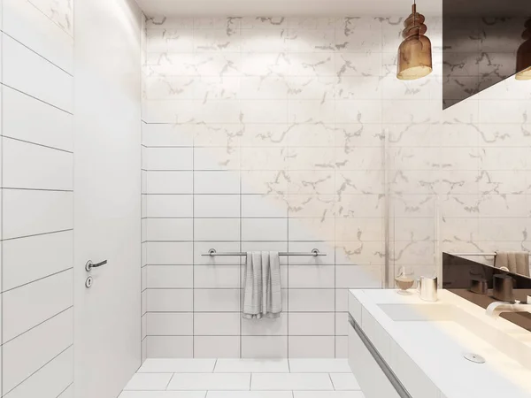 浴室内部的3D渲染与淋浴 现代风格的浴室室内设计说明 — 图库照片