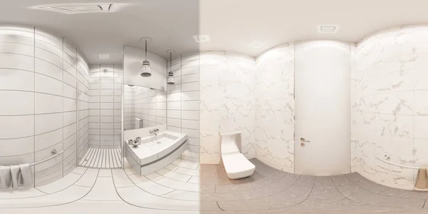 Rendelenmiş Küresel 360 Pürüzsüz Banyo Kısmı Duşlu Banyo Tasarımının Modern — Stok fotoğraf