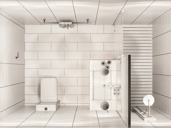 Rendu 3D de l'intérieur de la salle de bain avec douche en 3D plan vue de dessus — Photo